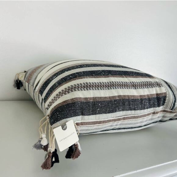 Anthropologie Hadley Throw Pillow Neutral & Blue Stripes with Tassels 18X18in - Picture 4 of 5